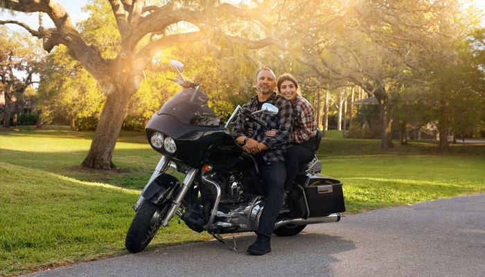 Bill Geiger and his daughter on a motorcycle