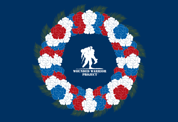 Navy blue background with a red, white, and blue flower wreath, with Wounded Warrior Project® logo in the center.
