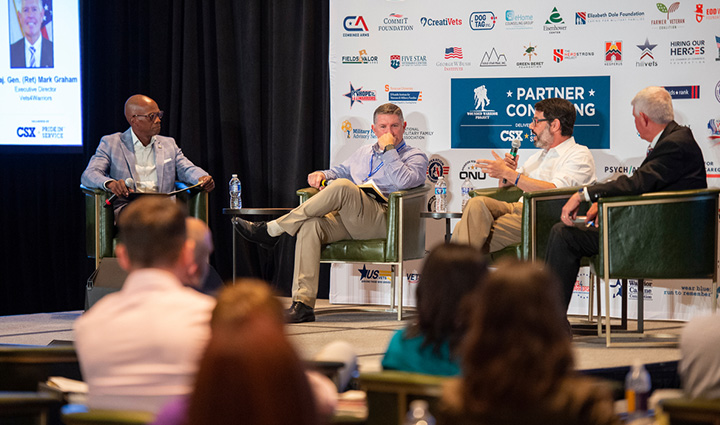 WWP Vice President Wil Williamson moderates a panel with Vets4Warriors Executive Director Major General Retired Mark Graham during the Partner Convening.