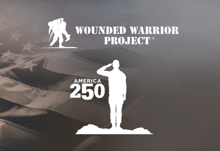 Gray muted flag background with the silhouette of a service member saluting and America 250 written on the side of the graphic.