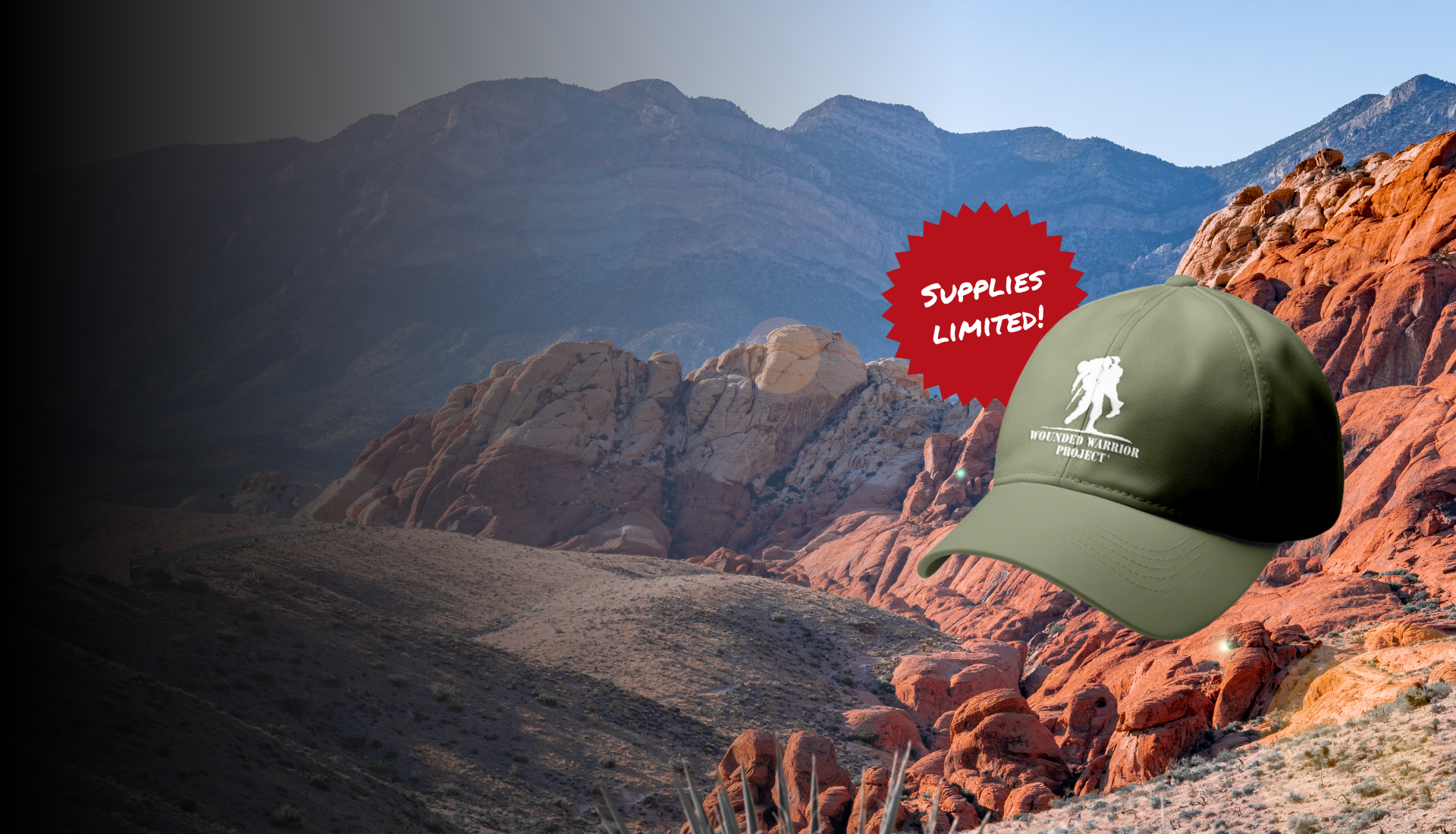Mountain landscape background with an army green baseball hat with a white WWP logo on the front. Supplies limited graphic next to hat.